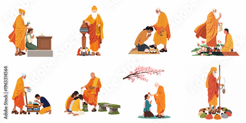 Flat vector illustrations set of Buddhist monks and gurus performing traditional religious ceremonies, blessings, and spiritual rituals with their followers.