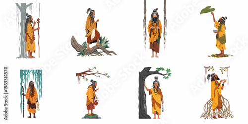 Flat vector illustration set of a wandering Indian ascetic or Sadhu in various nature-inspired spiritual poses and settings.