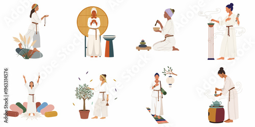 Set of diverse women practicing spiritual and wellness rituals including meditation, tea ceremonies, and sound healing in a minimalist flat vector style.