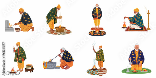Vector illustrations set of an elderly Indian Hindu priest performing various traditional religious rituals, ceremonies, and holy fire offerings in traditional attire.