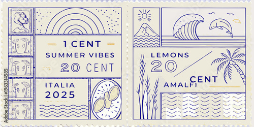 Stylized postage stamps depict summer themes and italian coastal imagery