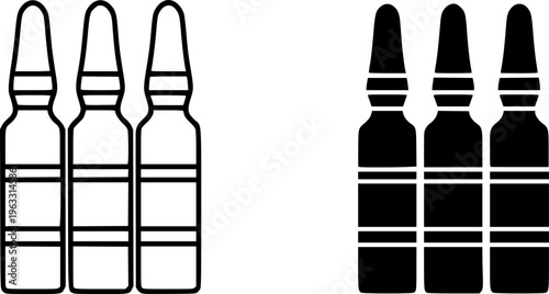 Medical Ampoule and Vial Icon Set - Liquid Medicine Injection Vector Illustration (Outline & Solid Styles)