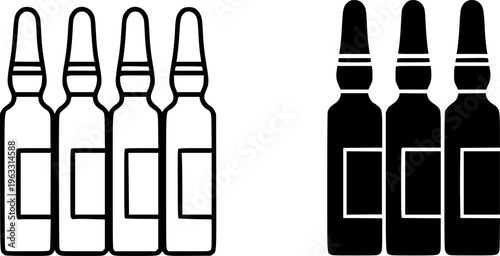 Medical Ampoule and Vial Icon Set - Liquid Medicine Injection Vector Illustration (Outline & Solid Styles)