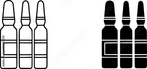 Medical Ampoule and Vial Icon Set - Liquid Medicine Injection Vector Illustration (Outline & Solid Styles)