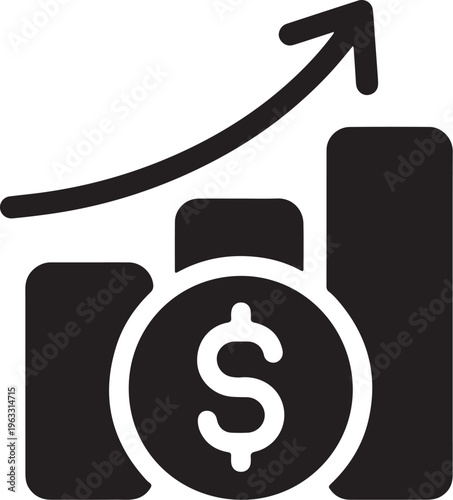 Financial growth chart represented by a bar and line graph with dollar signs