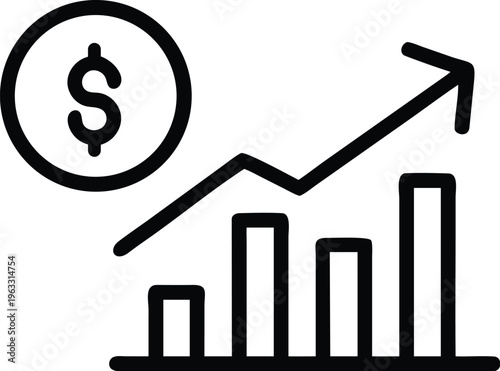 Financial growth chart represented by a bar and line graph with dollar signs