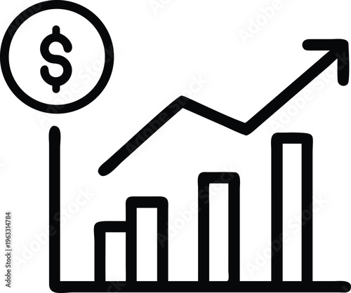 Financial growth chart represented by a bar and line graph with dollar signs