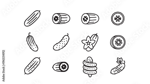 Cucumber Icon Set: Whole Sliced Flower and Pickled StylesStock Vector