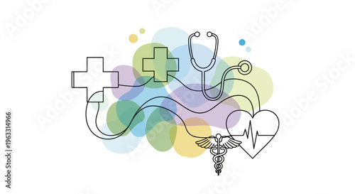 Medical symbols connected by a continuous line and stethoscope.