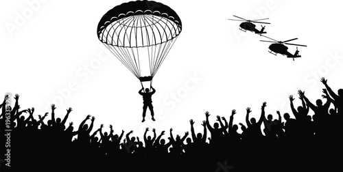 Parachuter descending towards crowd with helicopters flying overhead silhouettes