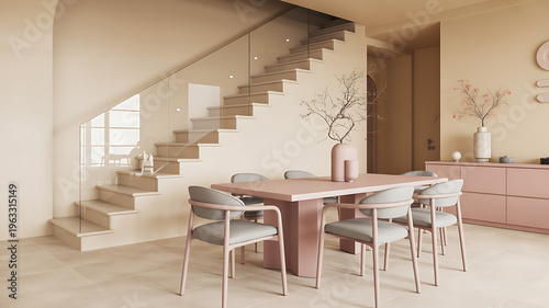Modern dining room with light beige walls, pink table and chairs, and glass staircase railing - interior design concept, real estate