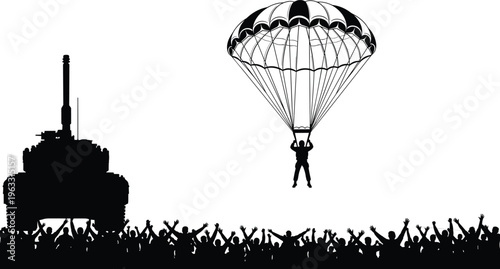 Silhouette of parachuter landing near tank and cheering crowd