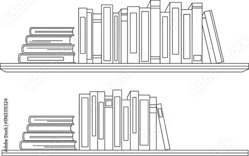 Two shelves of books in black outline on white background black and white library