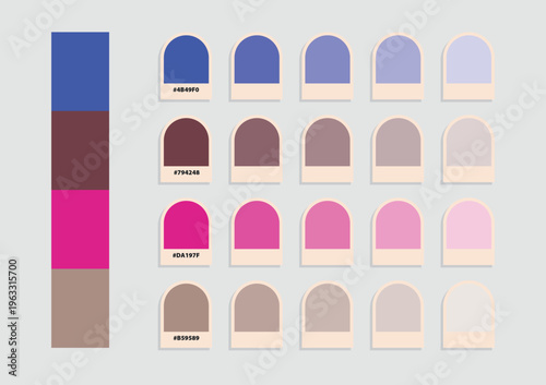Stylish nail polish set featuring pink, purple, brown, and red shades with color swatches on a neutral backdrop.