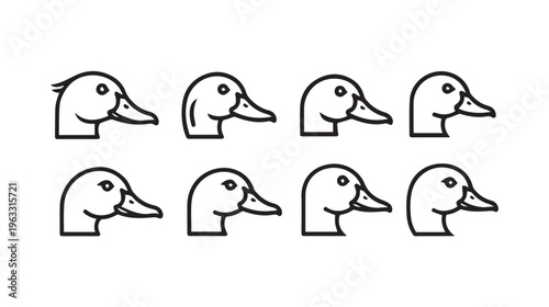 Duck Head Icons Set Profile View Minimalist Line Art Isolated on White