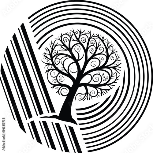 Abstract vector illustration of a black silhouette nature tree with a barcode trunk and leaf pattern for modern floral art design