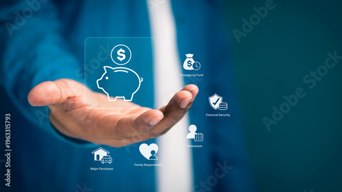 Obraz na plátne Businessperson hand presenting digital piggy bank savings, financial planning ic