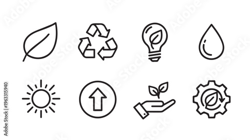 Eco friendly icons for sustainability and renewable energy line art style