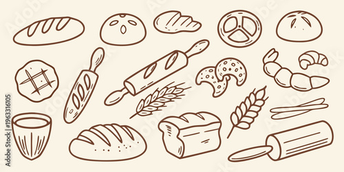 A hand drawn collection of various breads pastries and baking tools