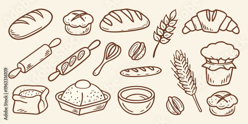 Hand drawn illustration of various baked goods and baking tools