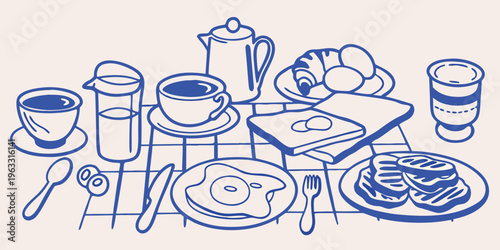 A simple blue line drawing depicts a breakfast spread on a table