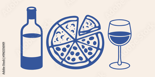 A blue illustration depicting a pizza wine bottle and wine glass