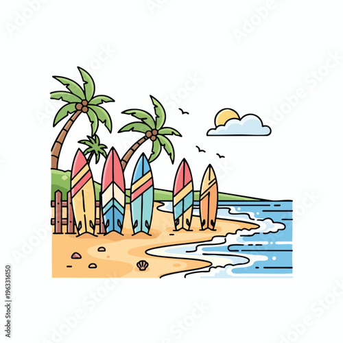 Colorful surfboards lined up on a sandy beach next to palm trees and ocean waves