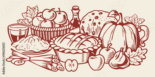 A bountiful harvest illustration featuring fruits vegetables and baked goods