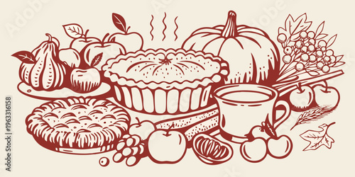 An autumn harvest still life featuring pumpkins pies fruit and a drink