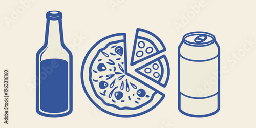 Simple illustration of a pizza soda and bottle against a cream background