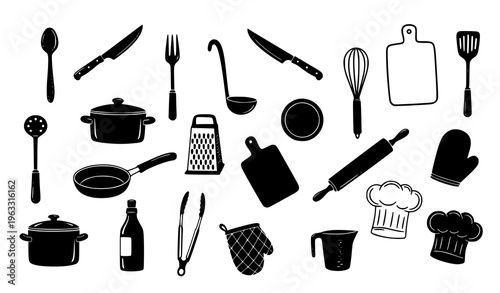 Hand drawn kitchen tools silhouette vector set with chef hat simple cooking utensil collection isolated on white background