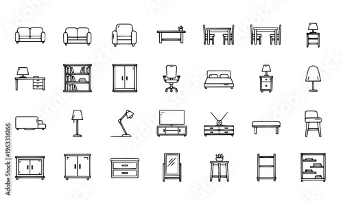 Modern furniture line icon set minimalist home and office decor outline vector collection for UI and interior design