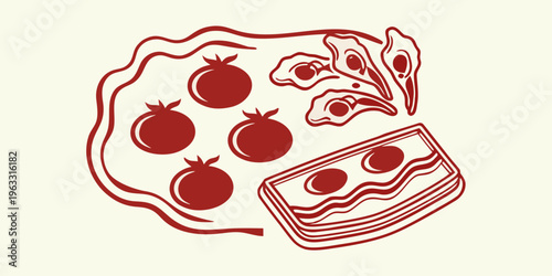 Stylized red illustration depicting tomatoes a bird and folded money
