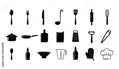 Hand drawn kitchen utensils silhouette set with chef hat simple black cooking tools vector collection isolated on white