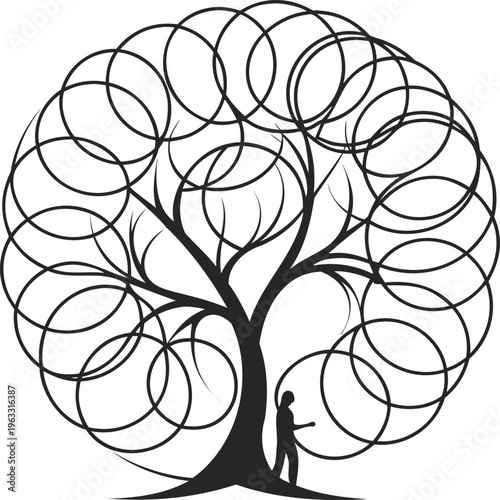 Abstract vector tree silhouette design with floral pattern leaves and vintage nature ornaments for a seamless spring wallpaper illustration