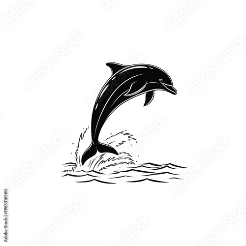 A black and white vector illustration of a dolphin jumping out of the water