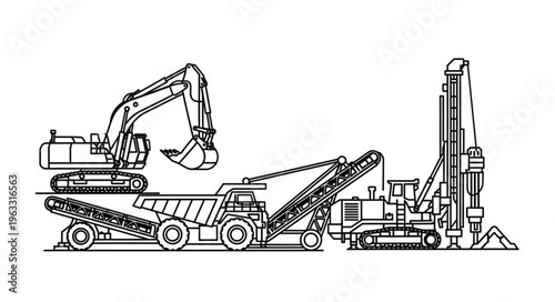 Heavy Construction Equipment Line Art - Excavator, Dump Truck, and Drill Rig.