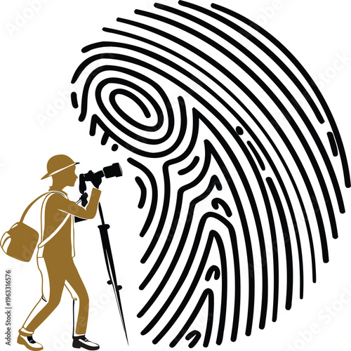 Man and woman with guns inside a fingerprint maze symbolizing identity security and crime investigation