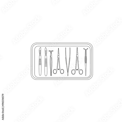 Set of medical surgical instruments in tray, vector outline art