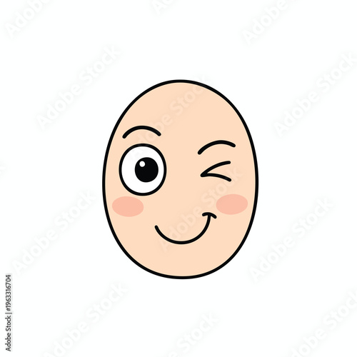 Cheerful, round, light-skinned character with rosy cheeks, winking one eye
