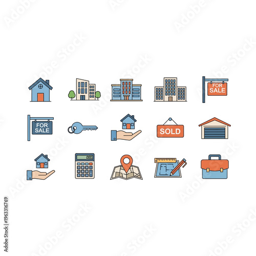 Real estate icon set: houses, keys, sold signs, calculator, briefcase