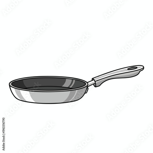 A simple illustration of a silver frying pan with a black interior