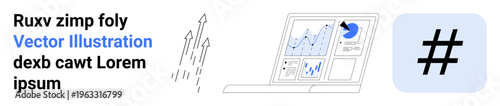 Laptop displaying analytics dashboard with charts and graphs, upward arrows symbolizing growth, and trending metadata tag graphic. Ideal for business, marketing, social media, analytics, success