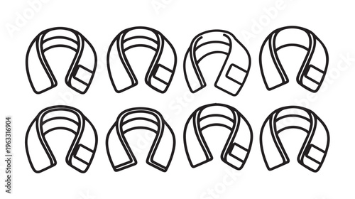 Eight Black Karate Belts Tied in a Row Isolated on White Background Simple Line Art
