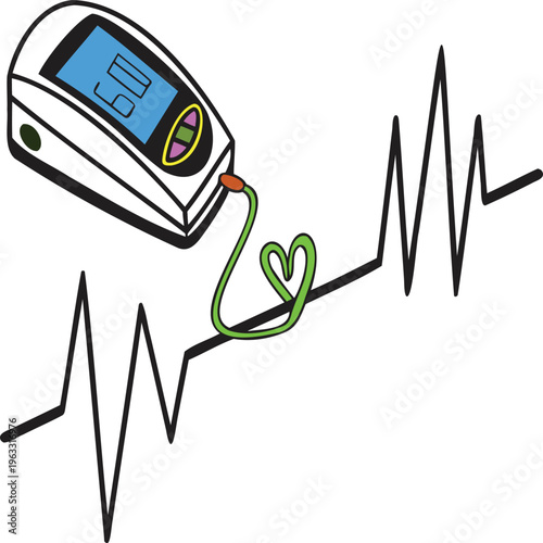 A digital vector illustration shows a blood pressure monitor and stethoscope featuring a medical heart pulse display with a red electronic heartbeat graph on a computer screen symbol