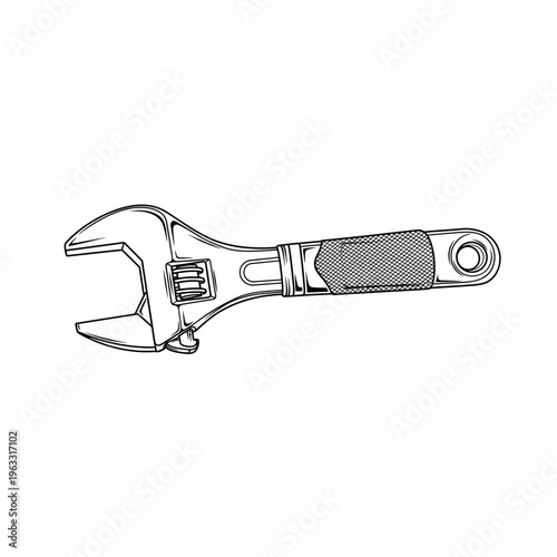 Hand-drawn adjustable wrench illustration for workshop projects with hand tool