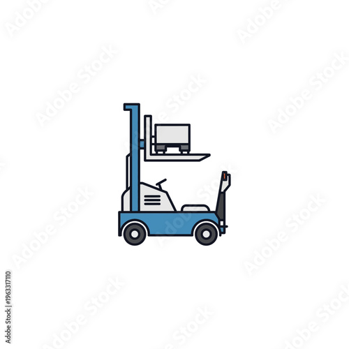 Stand-up forklift truck moving box in warehouse, material handling