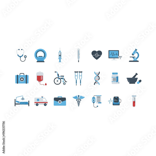 Medical and healthcare icon set: stethoscope, DNA, ambulance, mri, flat design
