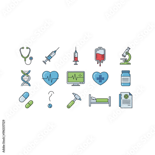 Pixel art medical icon set: healthcare, medicine, hospital, wellness collection