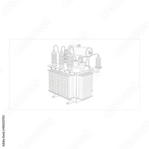 Industrial electrical transformer technical line drawing blueprint illustration
